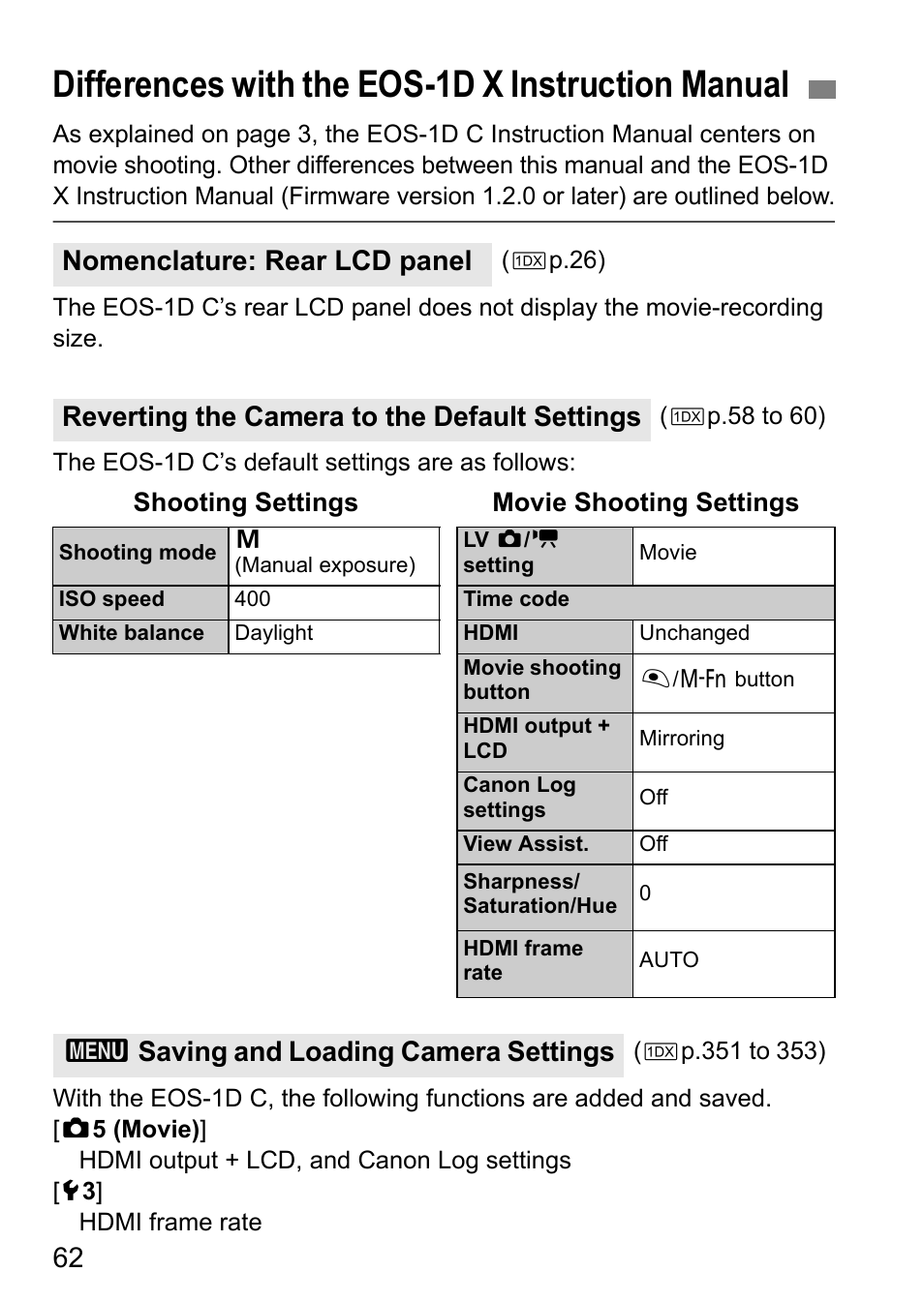 Differences with the eos-1d x instruction manual, Nomenclature: rear lcd panel, Reverting the camera to the default settings | 3saving and loading camera settings | Canon EOS-1D C User Manual | Page 62 / 100