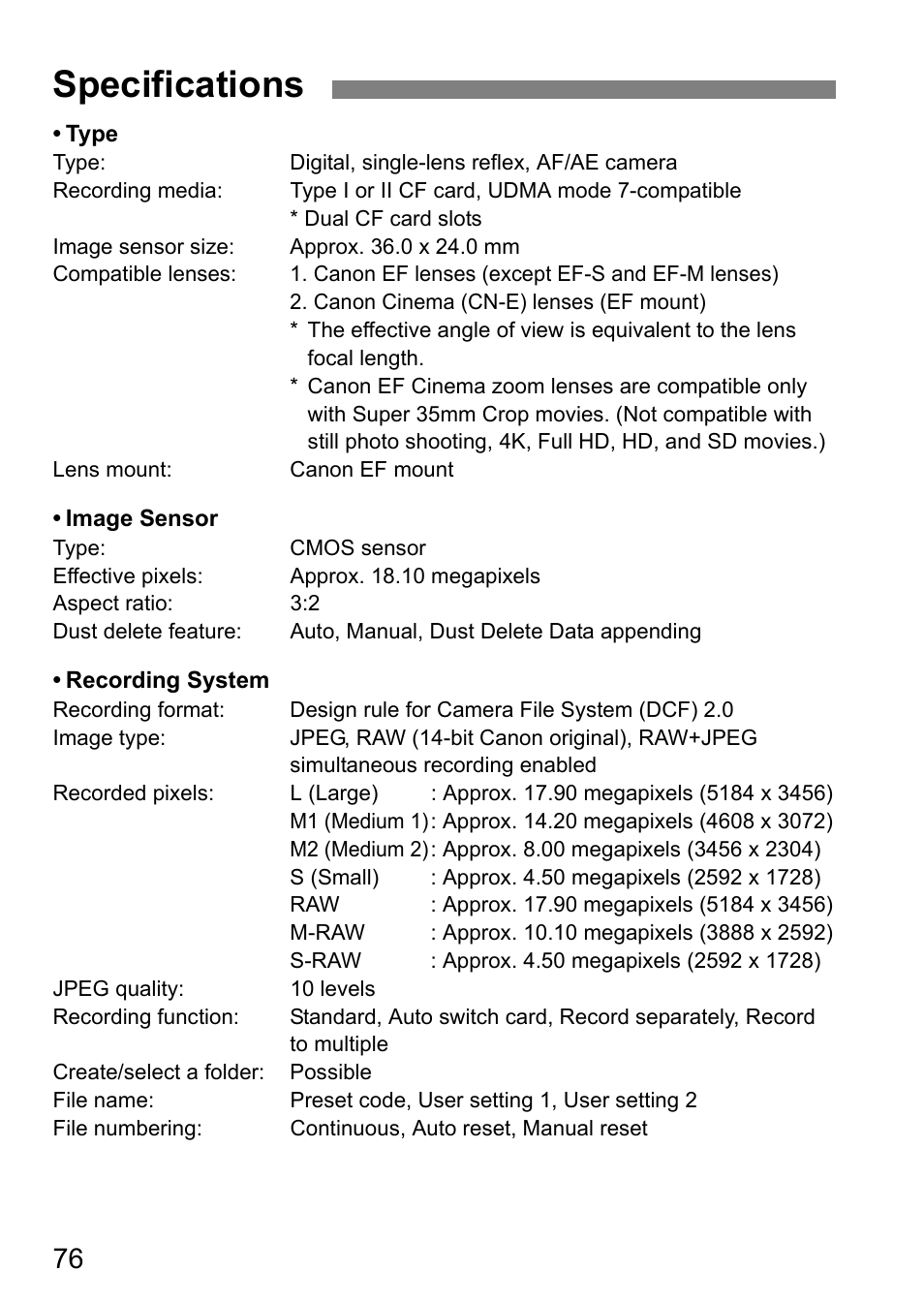 Specifications | Canon EOS-1D C User Manual | Page 76 / 100