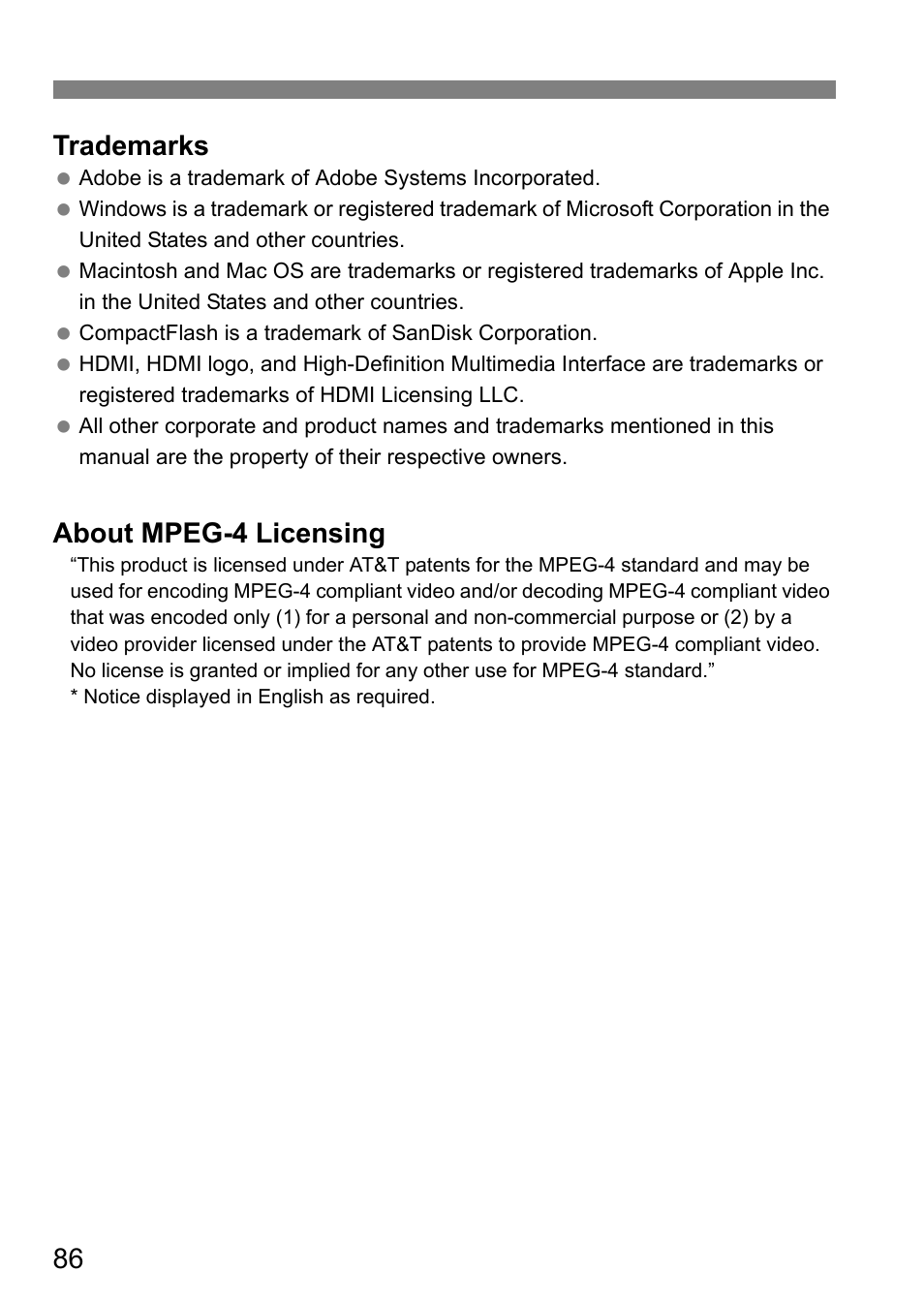 86 trademarks, About mpeg-4 licensing | Canon EOS-1D C User Manual | Page 86 / 100