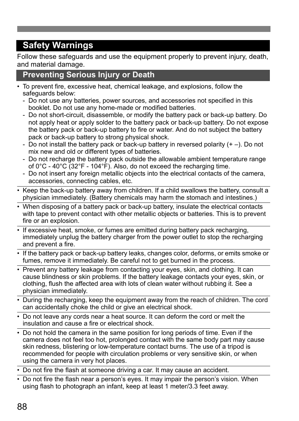 88 safety warnings, Preventing serious injury or death | Canon EOS-1D C User Manual | Page 88 / 100