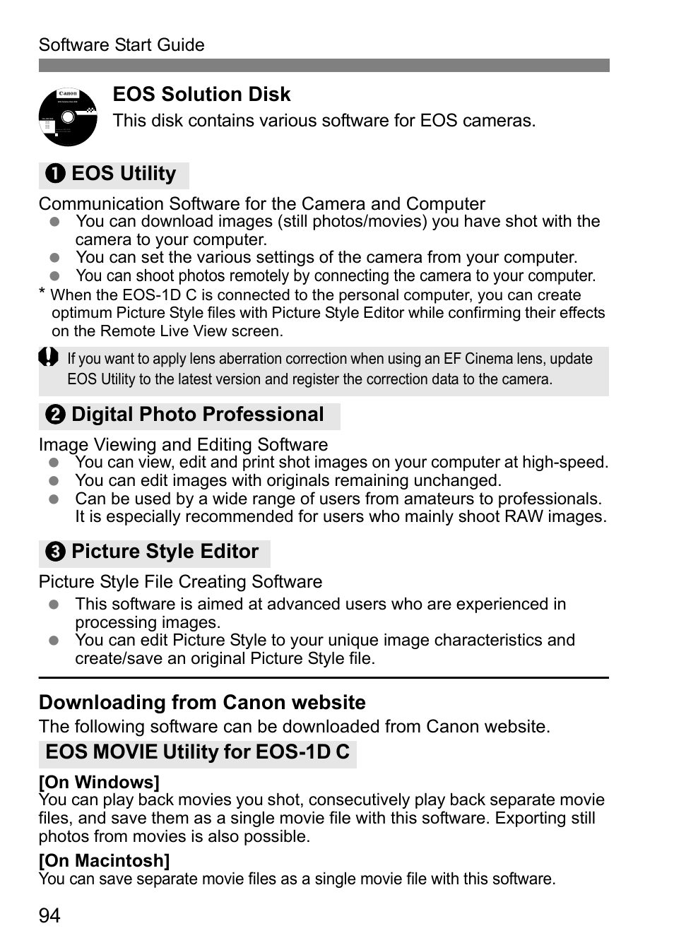 Eos solution disk, Downloading from canon website, Software start guide | Image viewing and editing software, Picture style file creating software, On macintosh | Canon EOS-1D C User Manual | Page 94 / 100