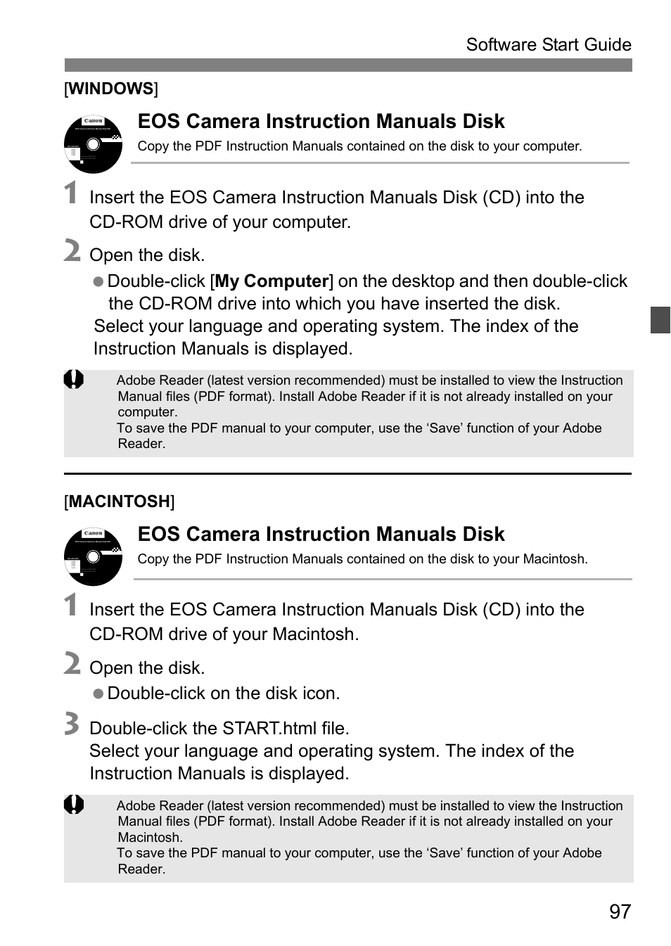 Eos camera instruction manuals disk, Software start guide, Open the disk. double-click on the disk icon | Windows, Macintosh | Canon EOS-1D C User Manual | Page 97 / 100