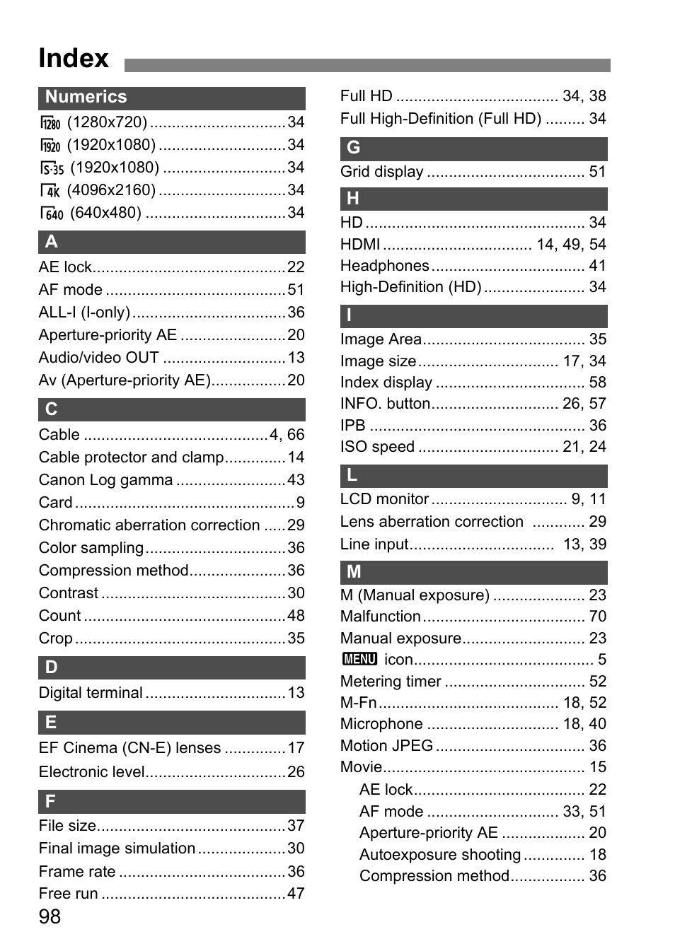 Index | Canon EOS-1D C User Manual | Page 98 / 100