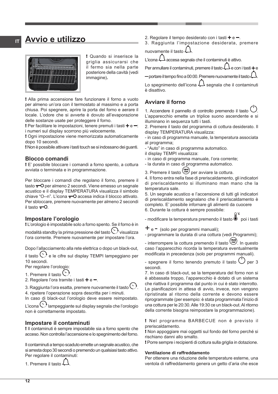 Avvio e utilizzo, Blocco comandi, Impostare l’orologio | Impostare il contaminuti, Avviare il forno | Hotpoint Ariston Style FH 1039 P IX-HA S User Manual | Page 12 / 60