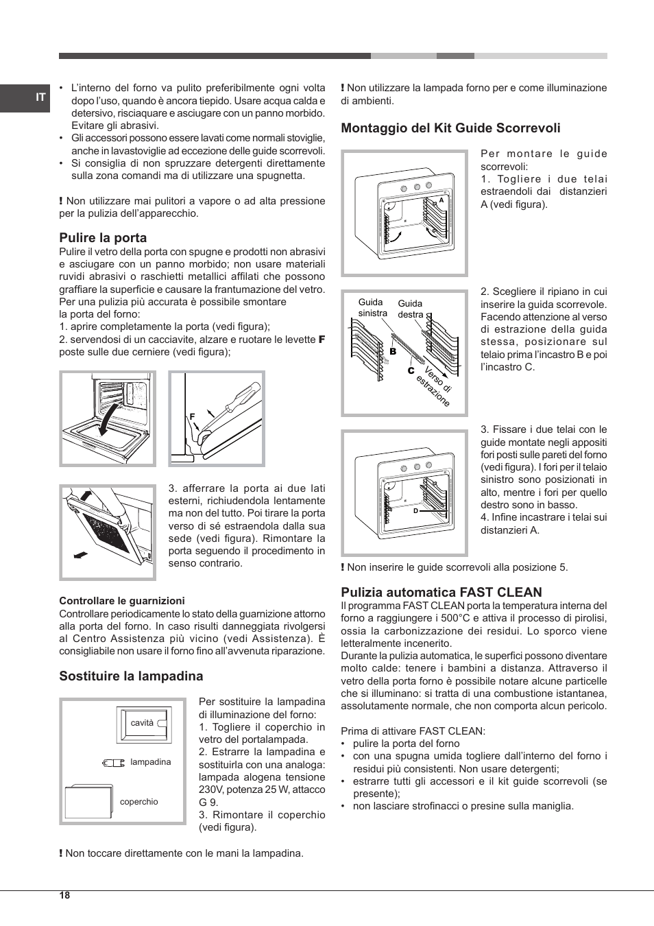 Pulire la porta, Sostituire la lampadina, Montaggio del kit guide scorrevoli | Pulizia automatica fast clean | Hotpoint Ariston Style FH 1039 P IX-HA S User Manual | Page 18 / 60