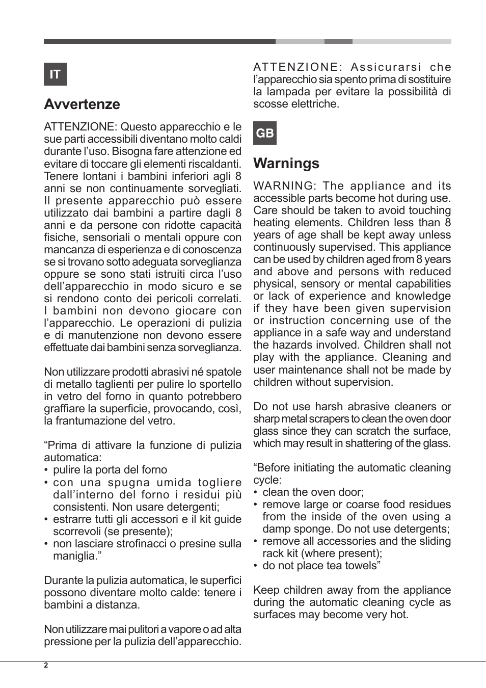 Avvertenze, Warnings | Hotpoint Ariston Style FH 1039 P IX-HA S User Manual | Page 2 / 60