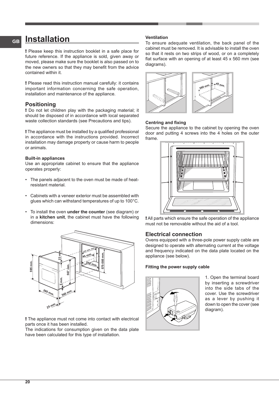 Installation, Positioning, Electrical connection | Hotpoint Ariston Style FH 1039 P IX-HA S User Manual | Page 20 / 60