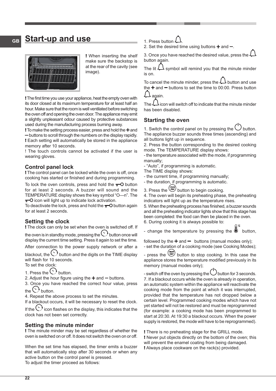 Start-up and use, Control panel lock, Setting the clock | Setting the minute minder, Starting the oven | Hotpoint Ariston Style FH 1039 P IX-HA S User Manual | Page 22 / 60