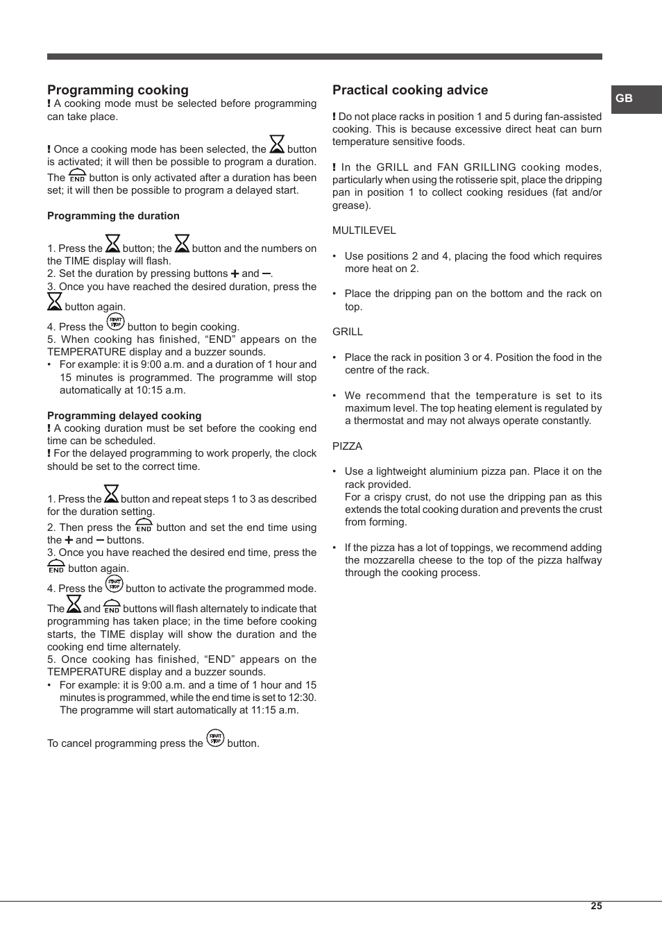 Programming cooking, Practical cooking advice | Hotpoint Ariston Style FH 1039 P IX-HA S User Manual | Page 25 / 60