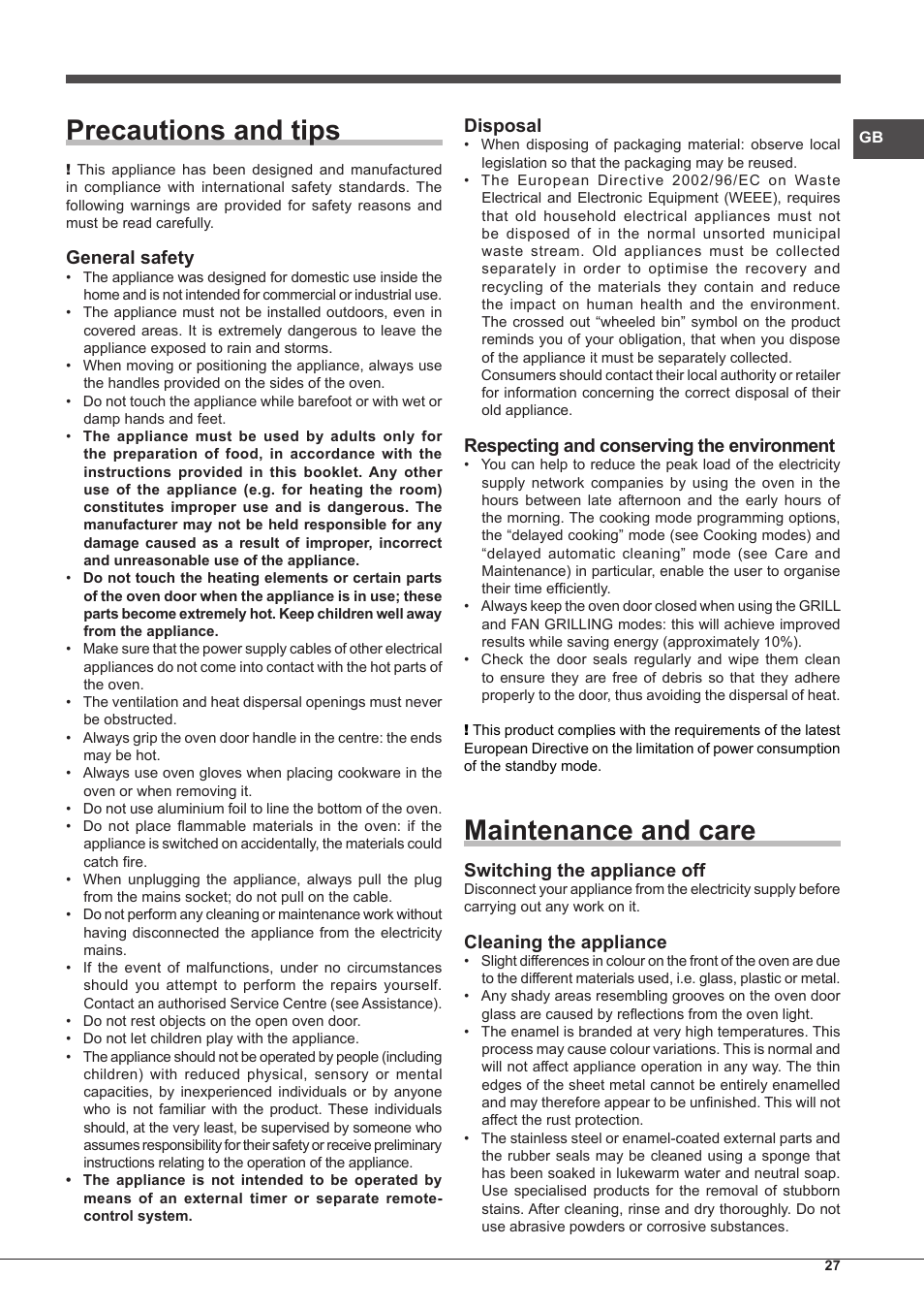 Precautions and tips, Maintenance and care, General safety | Disposal, Respecting and conserving the environment, Switching the appliance off, Cleaning the appliance | Hotpoint Ariston Style FH 1039 P IX-HA S User Manual | Page 27 / 60