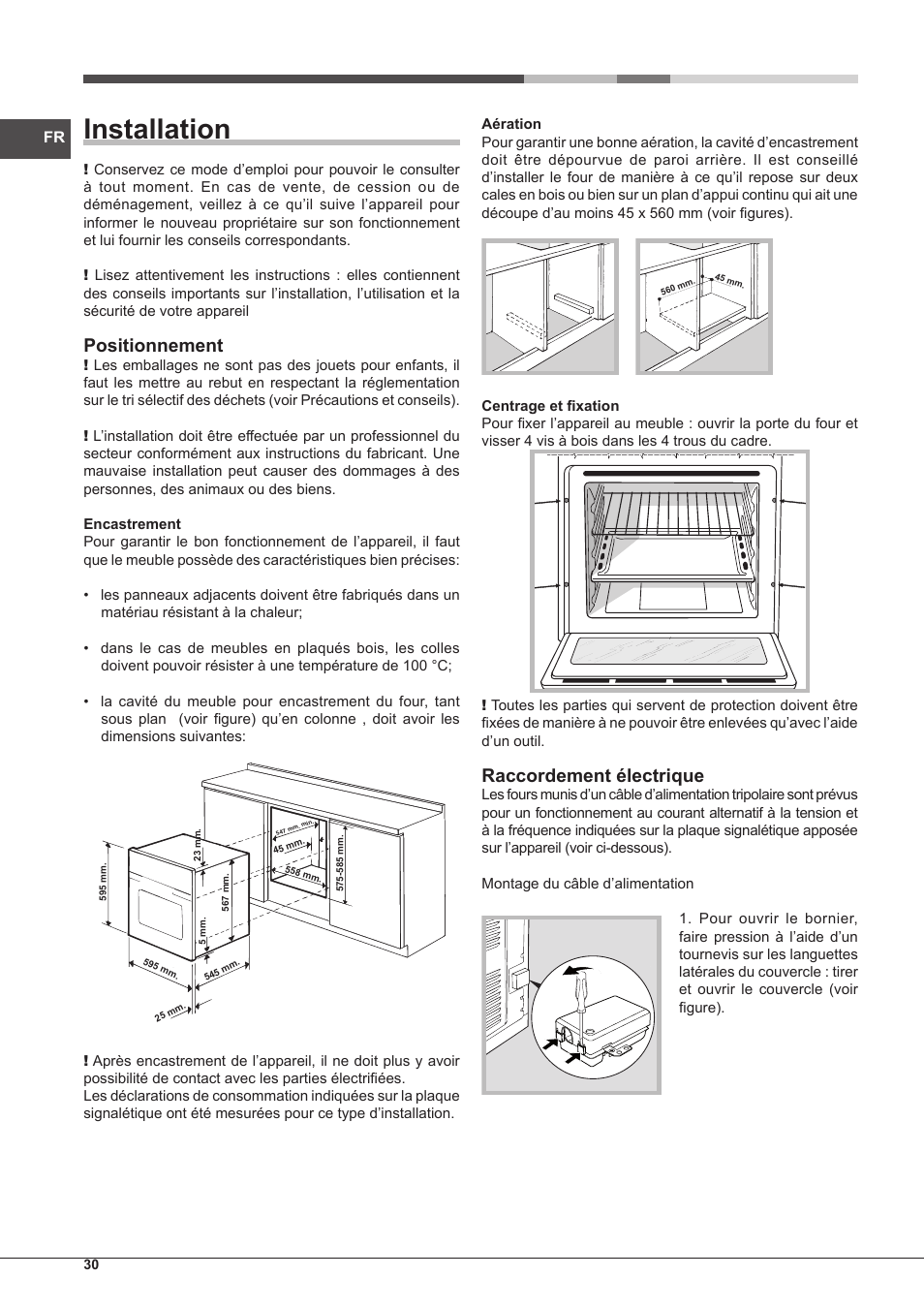 Installation, Positionnement, Raccordement électrique | Hotpoint Ariston Style FH 1039 P IX-HA S User Manual | Page 30 / 60