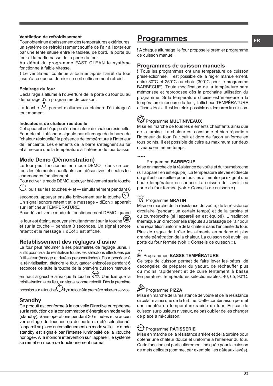 Programmes, Mode demo (démonstration), Rétablissement des réglages d’usine | Standby, Programmes de cuisson manuels | Hotpoint Ariston Style FH 1039 P IX-HA S User Manual | Page 33 / 60