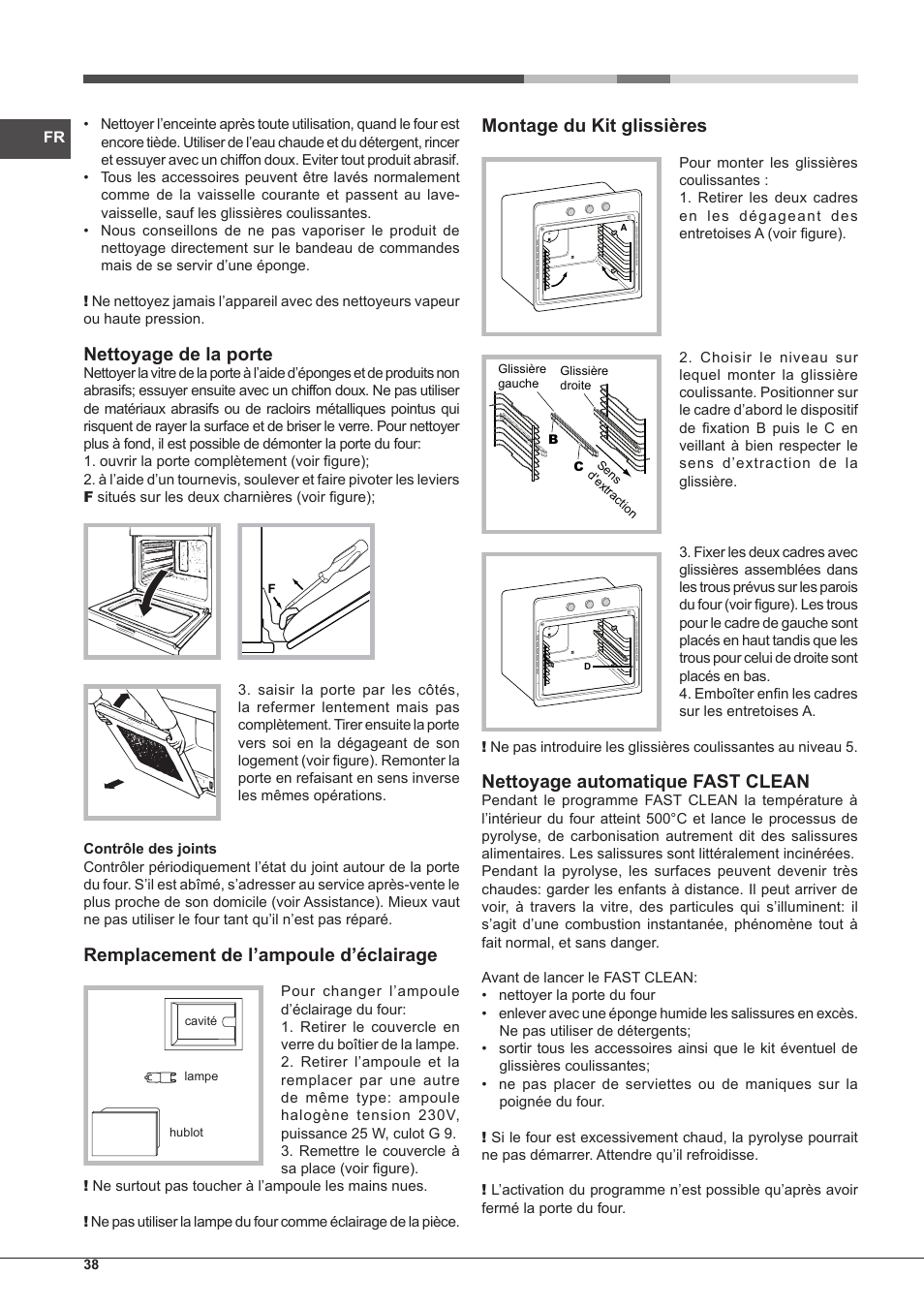 Nettoyage de la porte, Remplacement de l’ampoule d’éclairage, Montage du kit glissières | Nettoyage automatique fast clean | Hotpoint Ariston Style FH 1039 P IX-HA S User Manual | Page 38 / 60
