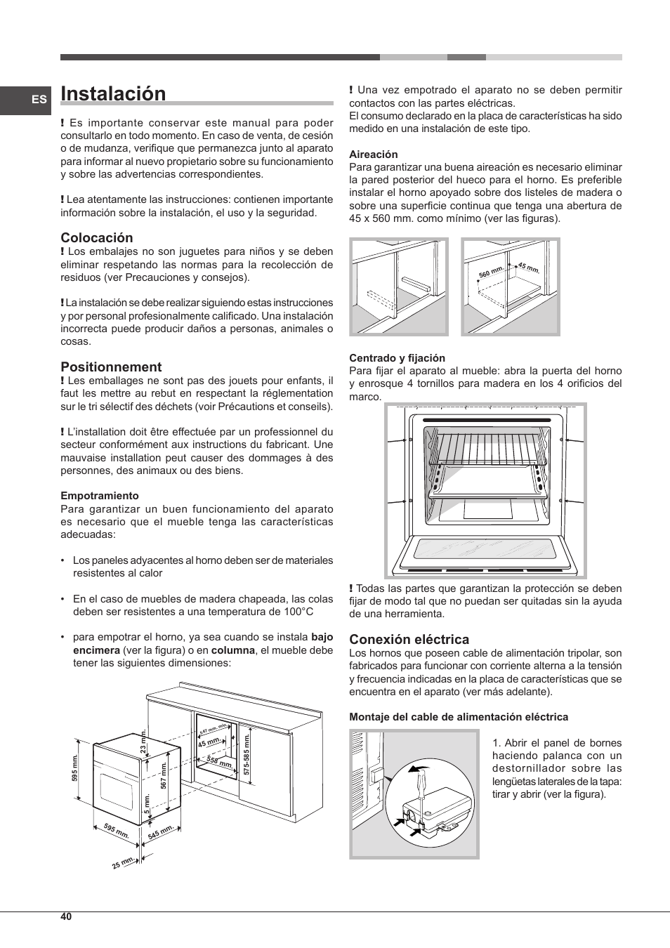 Instalación, Colocación, Positionnement | Conexión eléctrica | Hotpoint Ariston Style FH 1039 P IX-HA S User Manual | Page 40 / 60