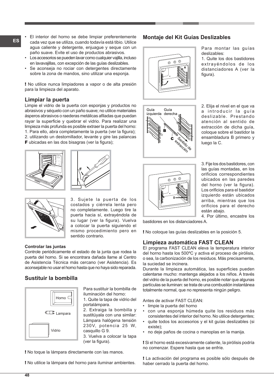 Limpiar la puerta, Sustituir la bombilla, Montaje del kit guías deslizables | Limpieza automática fast clean | Hotpoint Ariston Style FH 1039 P IX-HA S User Manual | Page 48 / 60