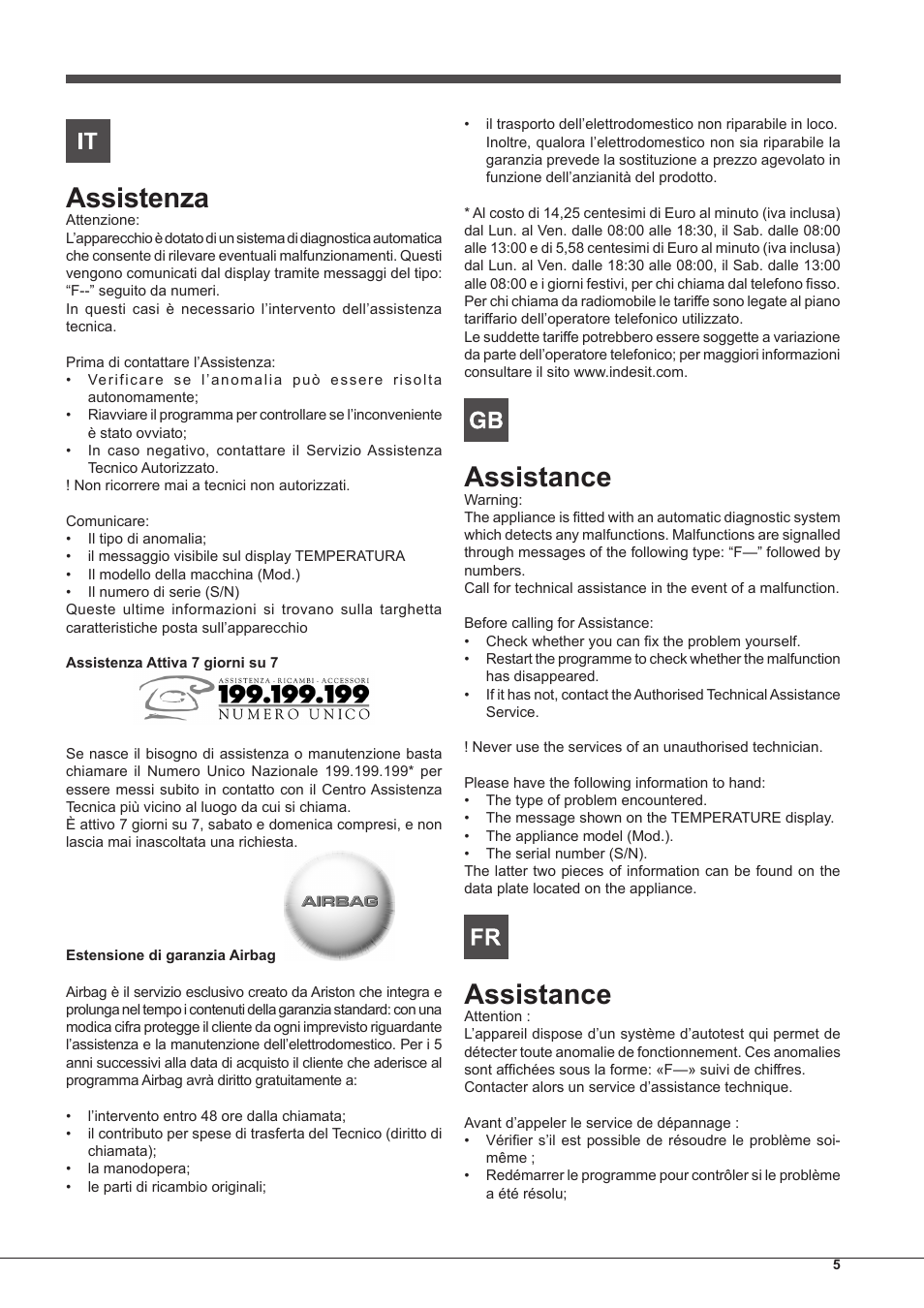 Assistenza, Assistance | Hotpoint Ariston Style FH 1039 P IX-HA S User Manual | Page 5 / 60