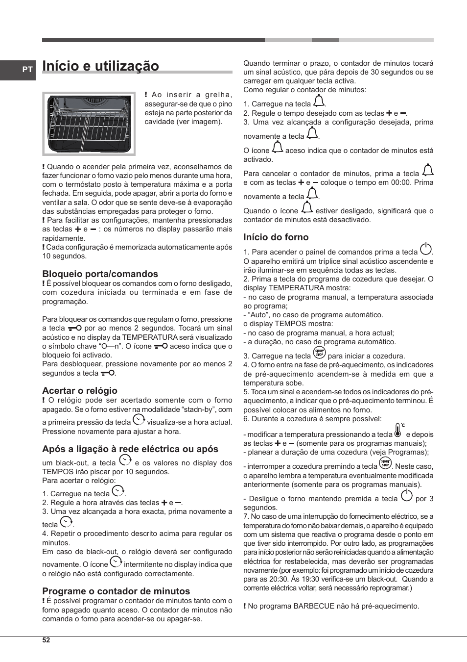 Início e utilização, Bloqueio porta/comandos, Acertar o relógio | Após a ligação à rede eléctrica ou após, Programe o contador de minutos, Início do forno | Hotpoint Ariston Style FH 1039 P IX-HA S User Manual | Page 52 / 60