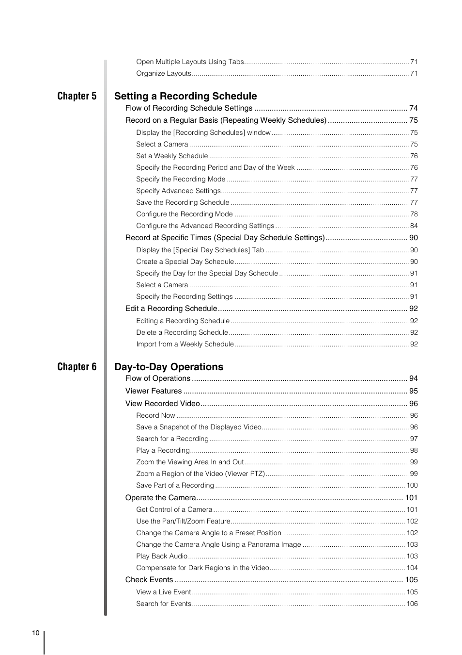 Chapter 5 setting a recording schedule, Chapter 6 day-to-day operations | Canon VB-M700F User Manual | Page 10 / 138