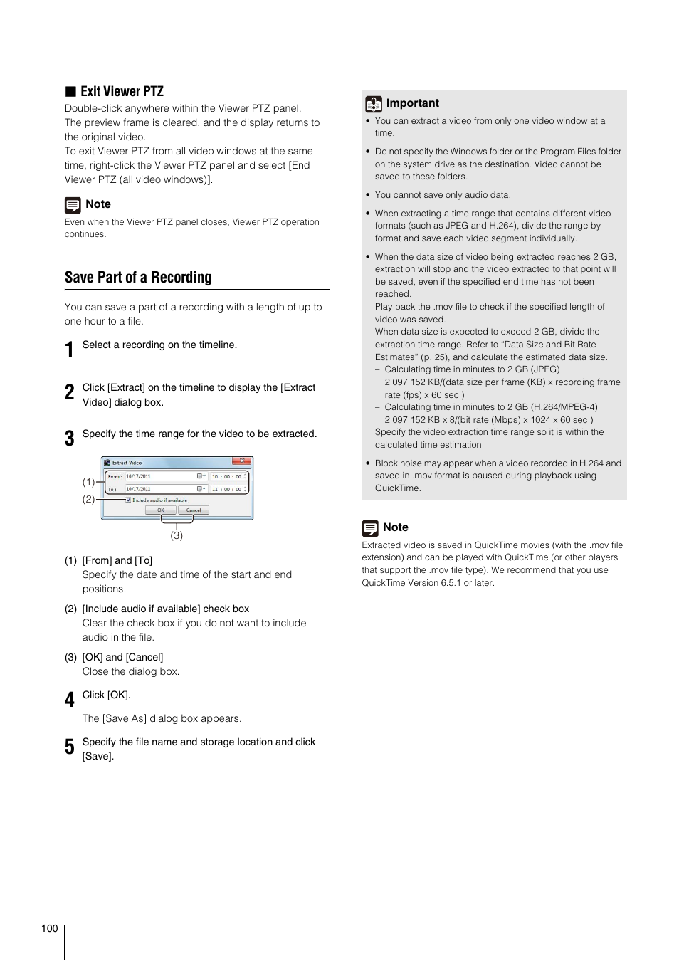 Save part of a recording, P. 100), Exit viewer ptz | Canon VB-M700F User Manual | Page 100 / 138