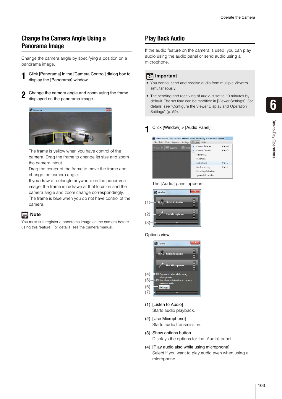 Change the camera angle using a panorama image, Play back audio, P. 103) | Io (p. 103) | Canon VB-M700F User Manual | Page 103 / 138
