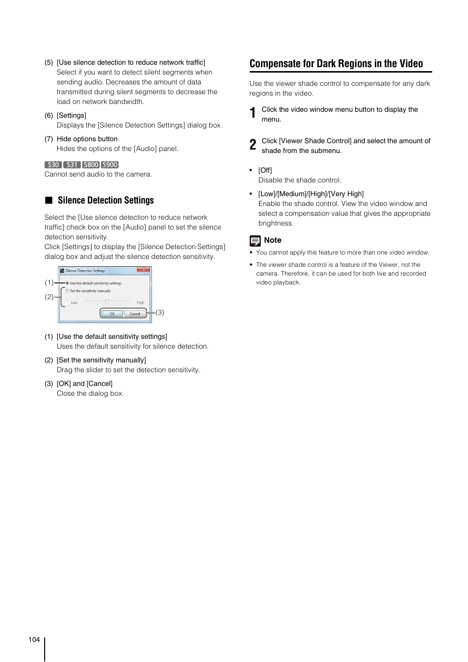 Compensate for dark regions in the video, P. 104), Silence detection settings | Canon VB-M700F User Manual | Page 104 / 138