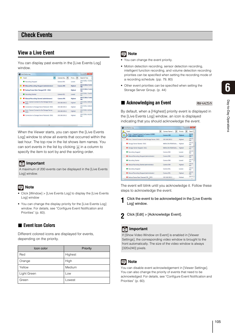 Check events, View a live event, Check | Events” (p. 105, E “check events” (p. 105, E “check, Events” (p. 105), P. 105), Event icon colors, Acknowledging an event | Canon VB-M700F User Manual | Page 105 / 138