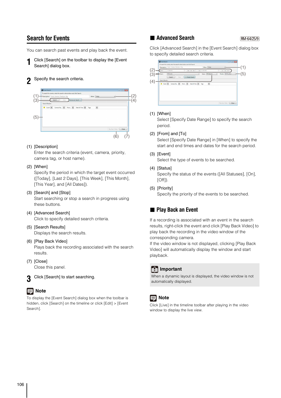 Search for events, S (p. 106), Advanced search | Play back an event | Canon VB-M700F User Manual | Page 106 / 138