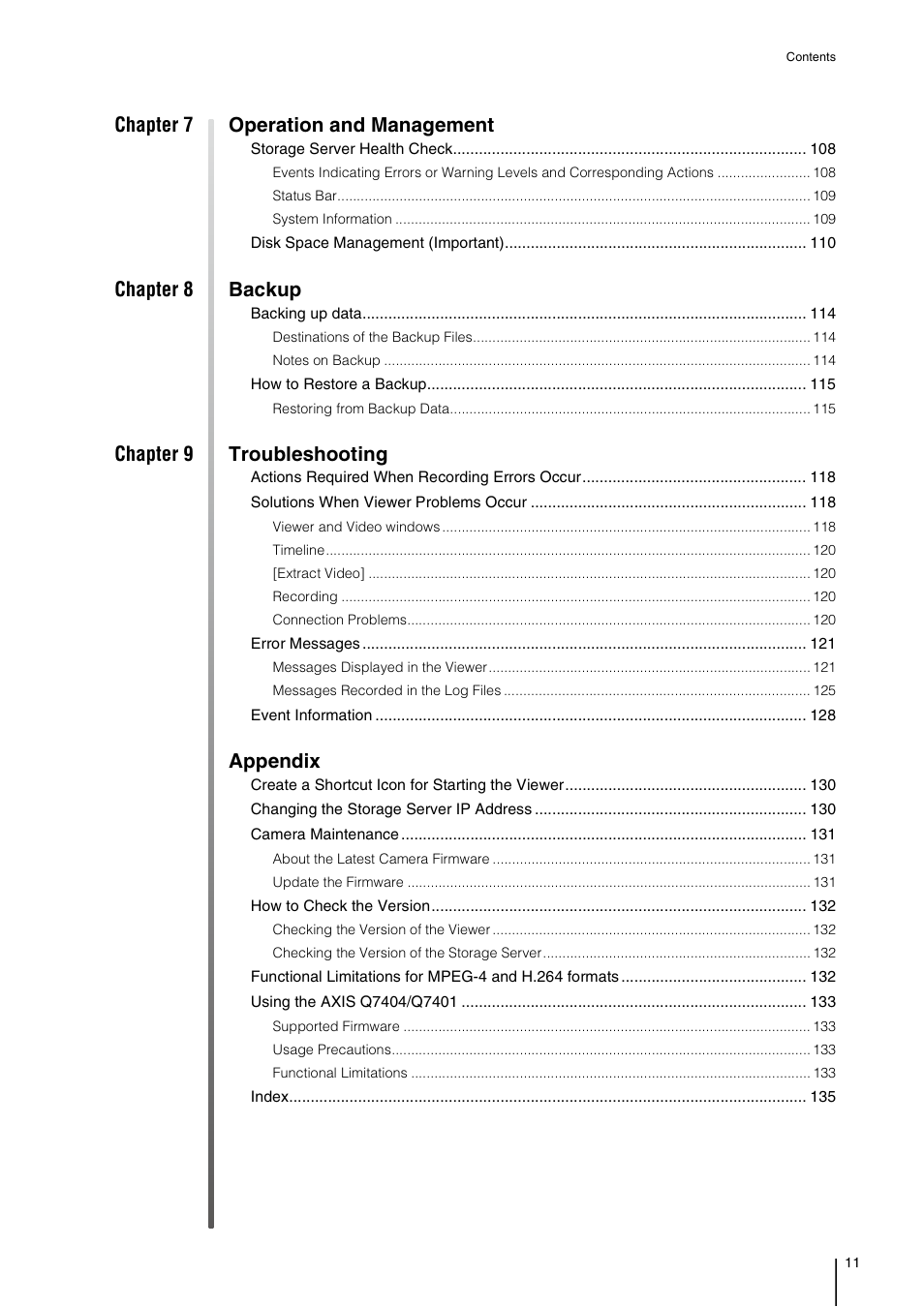 Chapter 7 operation and management, Chapter 8 backup, Chapter 9 troubleshooting | Appendix | Canon VB-M700F User Manual | Page 11 / 138
