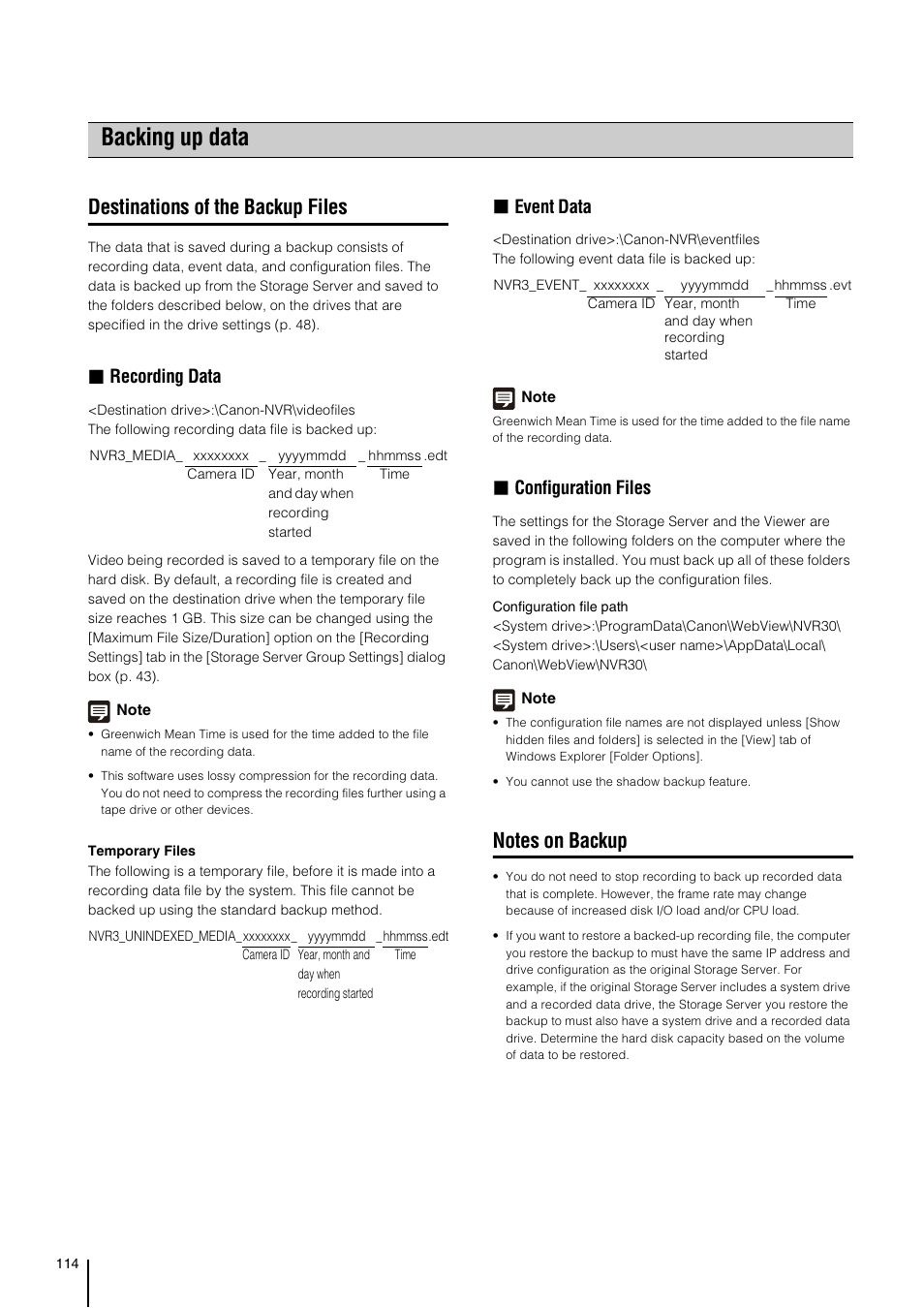 Backing up data, Destinations of the backup files, Notes on backup | Recording data, Event data, Configuration files | Canon VB-M700F User Manual | Page 114 / 138
