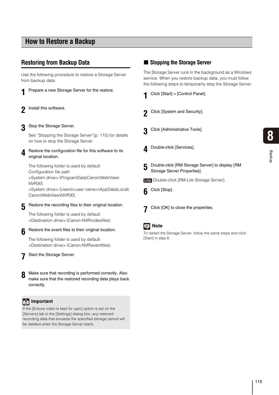 How to restore a backup, Restoring from backup data | Canon VB-M700F User Manual | Page 115 / 138