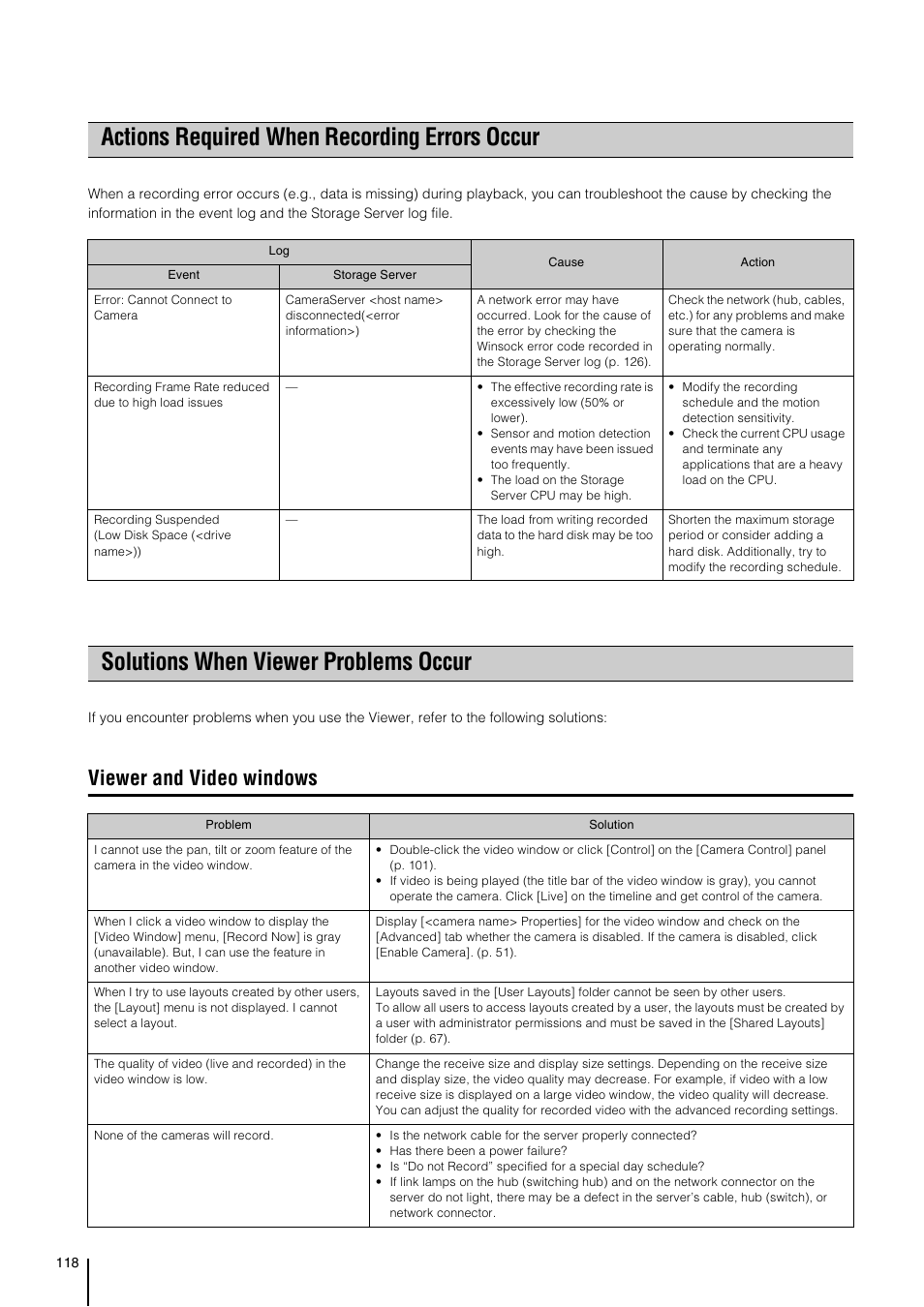 Actions required when recording errors occur, Solutions when viewer problems occur, Viewer and video windows | Canon VB-M700F User Manual | Page 118 / 138