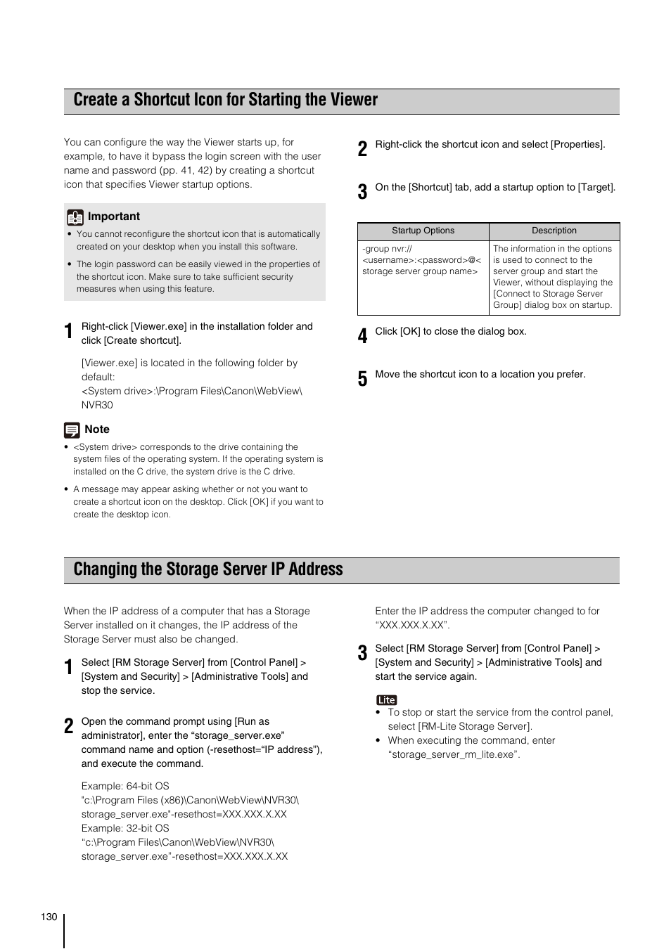 Create a shortcut icon for starting the viewer, Changing the storage server ip address, Ee “changing the storage server ip | Address” (p. 130) f | Canon VB-M700F User Manual | Page 130 / 138