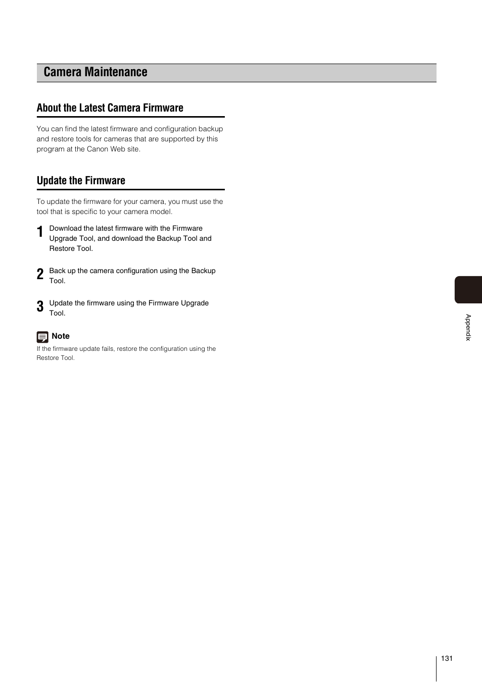 Camera maintenance, About the latest camera firmware, Update the firmware | Canon VB-M700F User Manual | Page 131 / 138