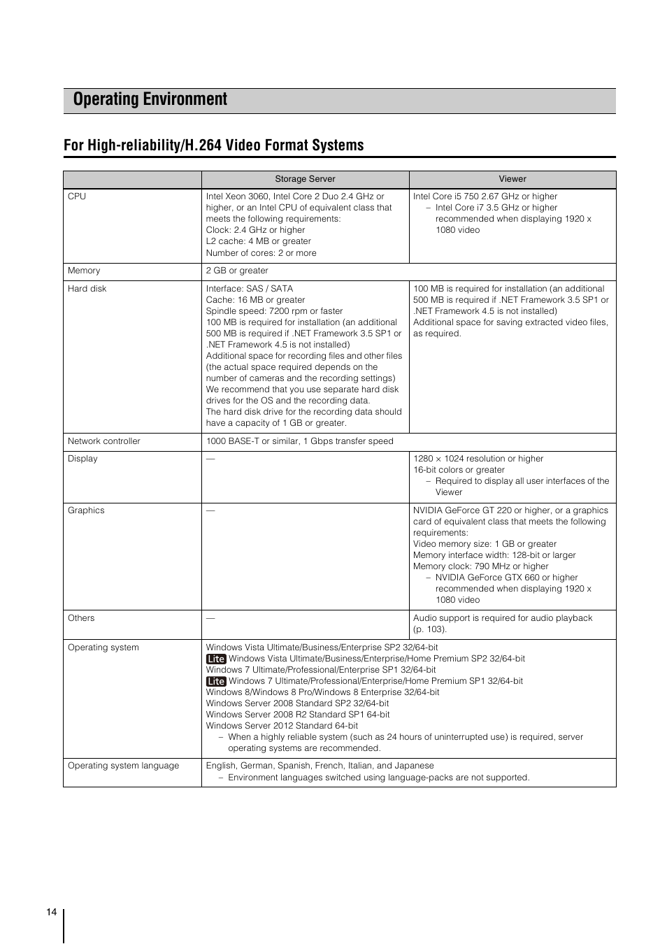 Operating environment, For high-reliability/h.264 video format systems | Canon VB-M700F User Manual | Page 14 / 138