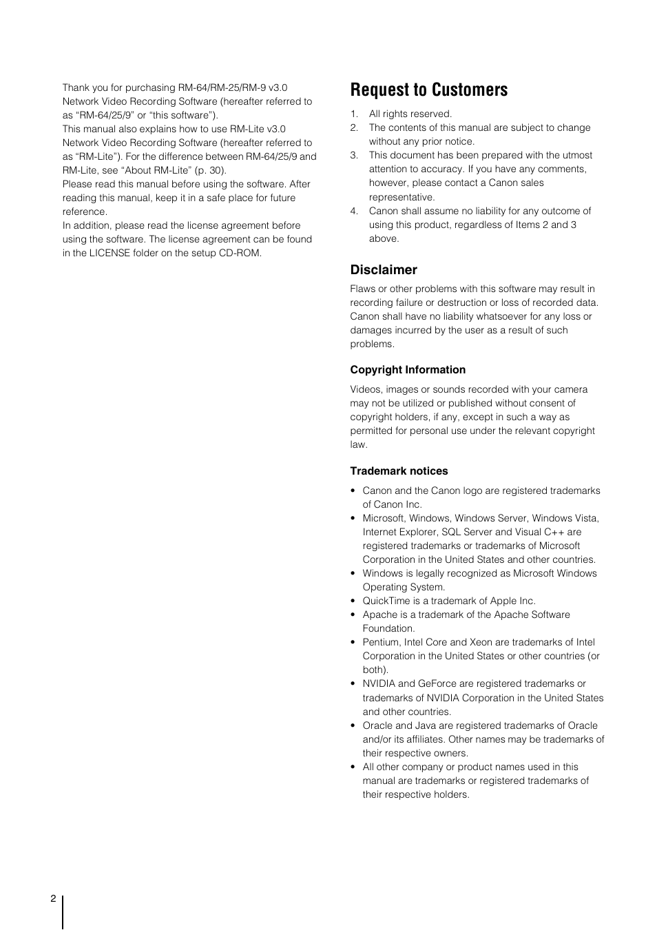 Request to customers, Disclaimer | Canon VB-M700F User Manual | Page 2 / 138
