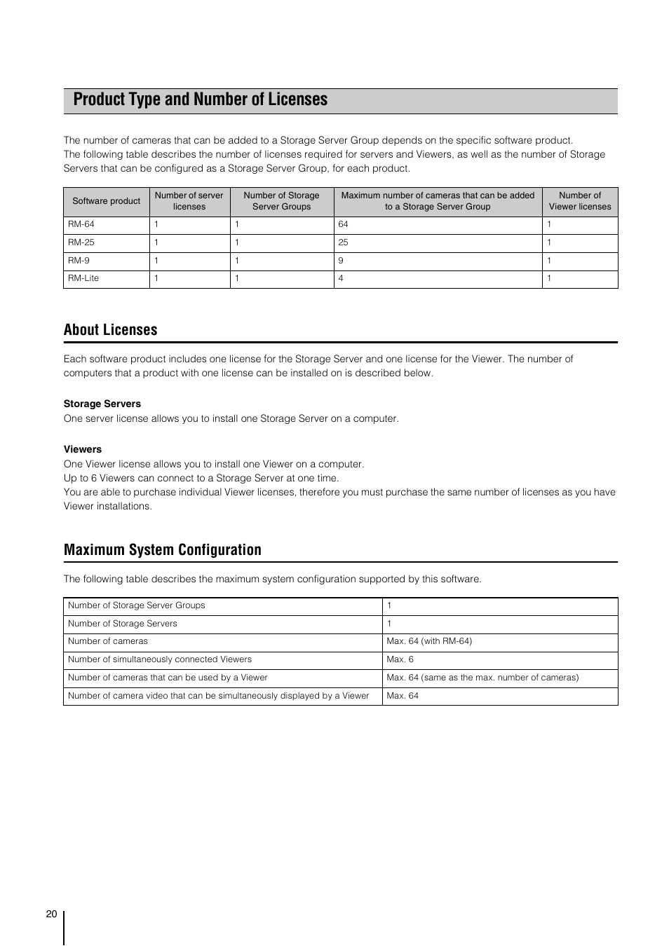Product type and number of licenses, About licenses, Maximum system configuration | Canon VB-M700F User Manual | Page 20 / 138