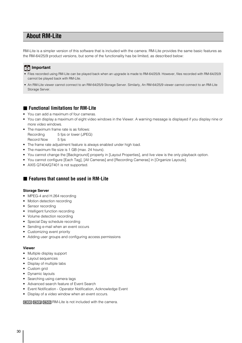 About rm-lite, Functional limitations for rm-lite, Features that cannot be used in rm-lite | Canon VB-M700F User Manual | Page 30 / 138