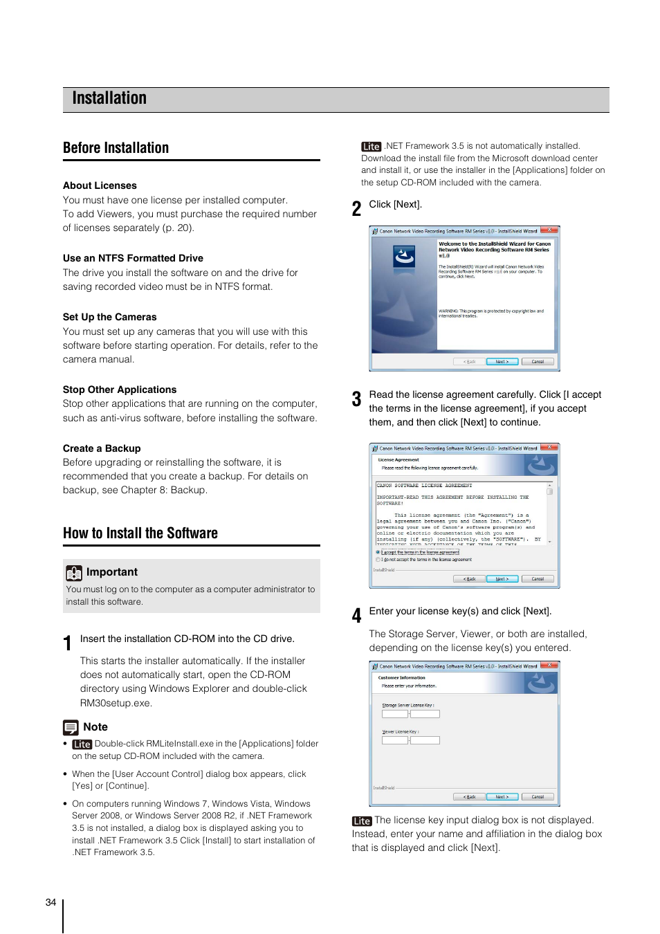 Installation, Before installation, How to install the software | Canon VB-M700F User Manual | Page 34 / 138