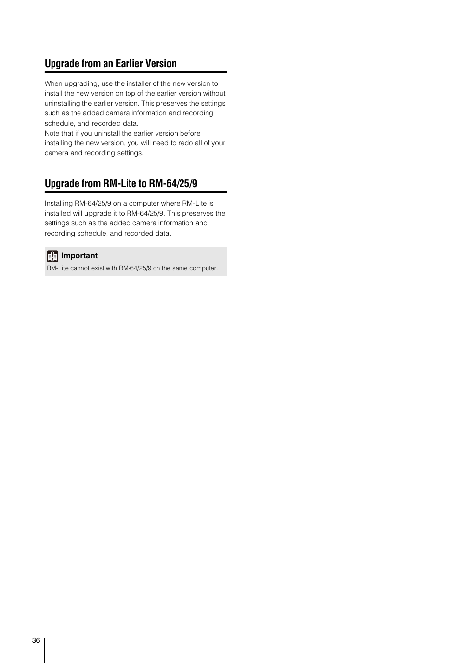 Upgrade from an earlier version, Upgrade from rm-lite to rm-64/25/9 | Canon VB-M700F User Manual | Page 36 / 138