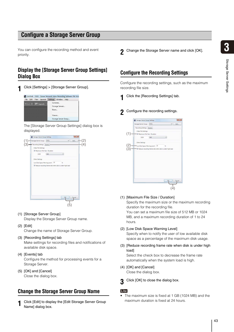 Configure a storage server group, Change the storage server group name, Configure the recording settings | X (p. 43), P. 43) | Canon VB-M700F User Manual | Page 43 / 138