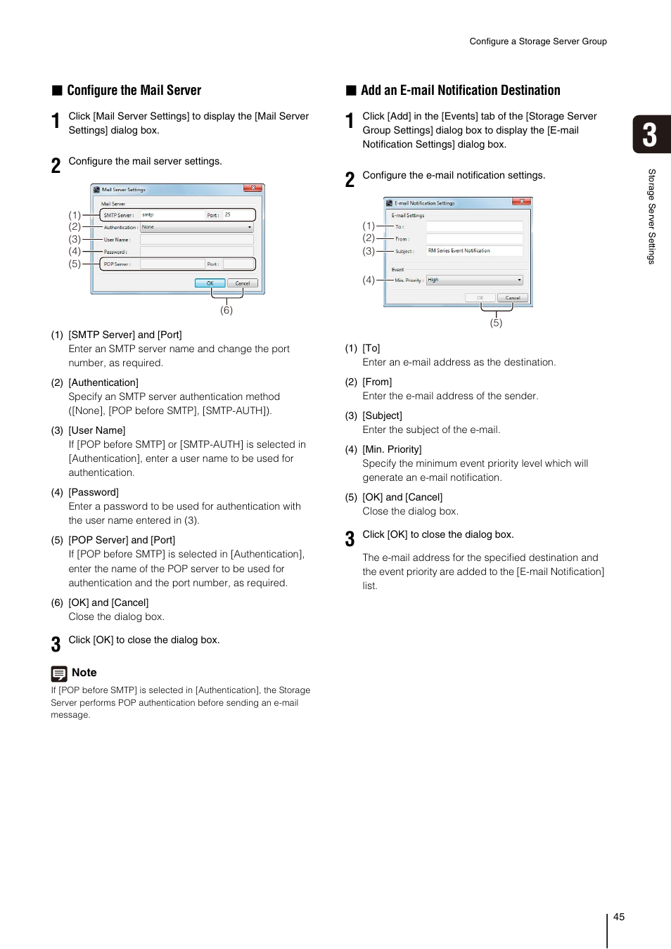 Configure the mail server, Add an e-mail notification destination | Canon VB-M700F User Manual | Page 45 / 138