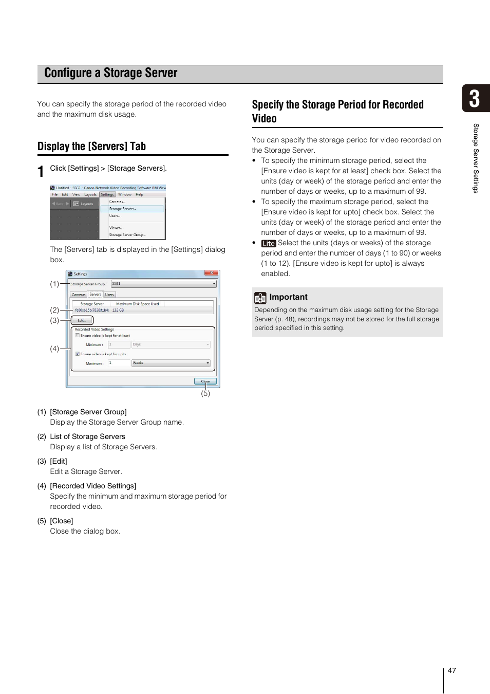 Configure a storage server, Display the [servers] tab, Specify the storage period for recorded video | P. 47) | Canon VB-M700F User Manual | Page 47 / 138