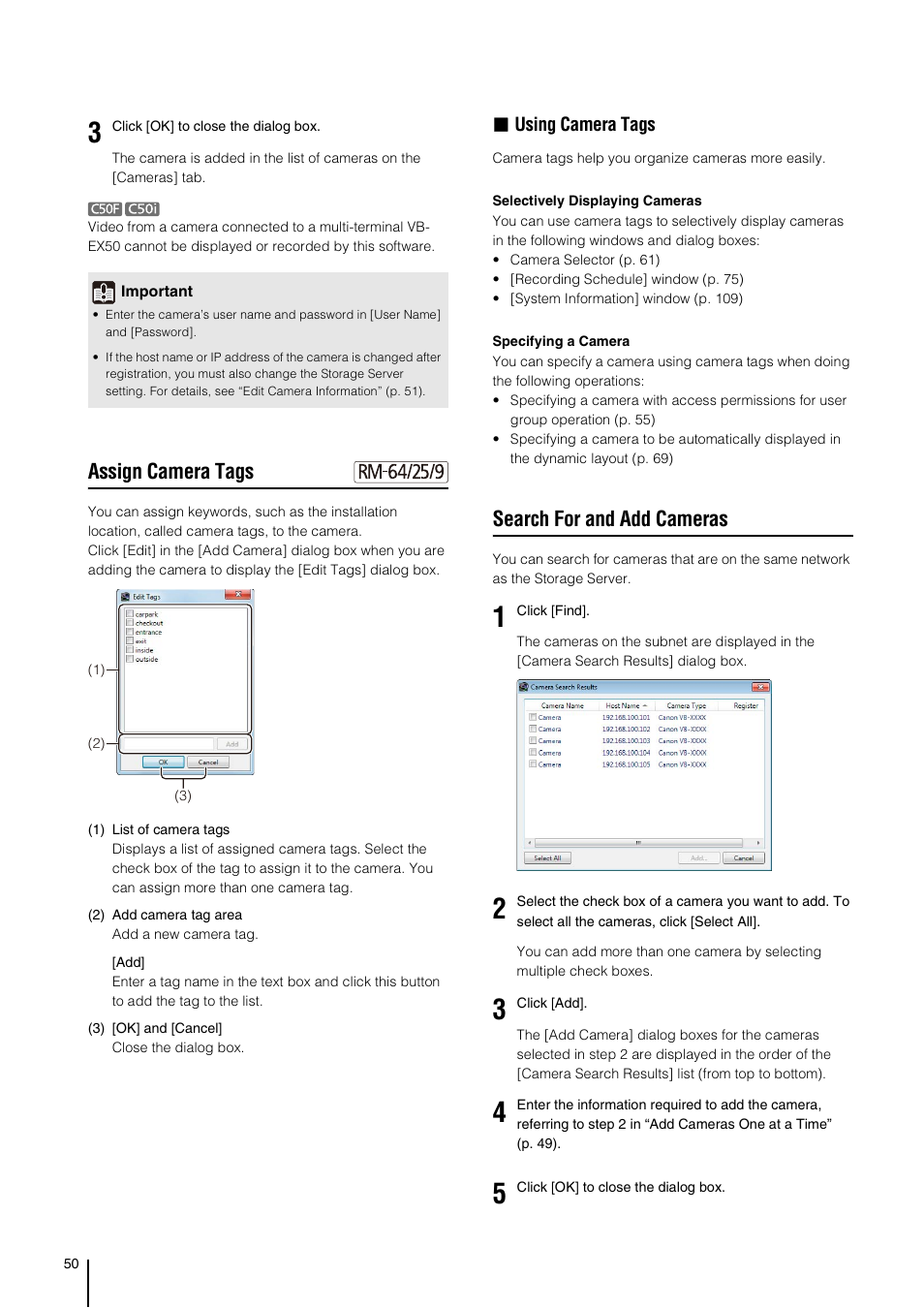 Assign camera tags, Search for and add cameras, P. 50) | Using camera tags | Canon VB-M700F User Manual | Page 50 / 138