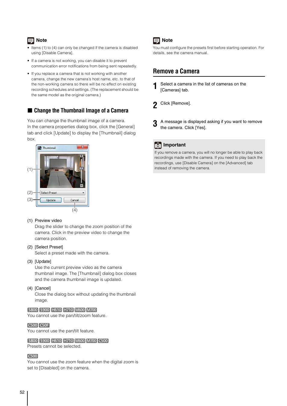 Remove a camera, Change the thumbnail image of a camera | Canon VB-M700F User Manual | Page 52 / 138