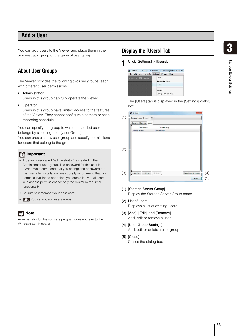 Add a user, About user groups, Display the [users] tab | P. 53), See “add a user” (p. 53) | Canon VB-M700F User Manual | Page 53 / 138