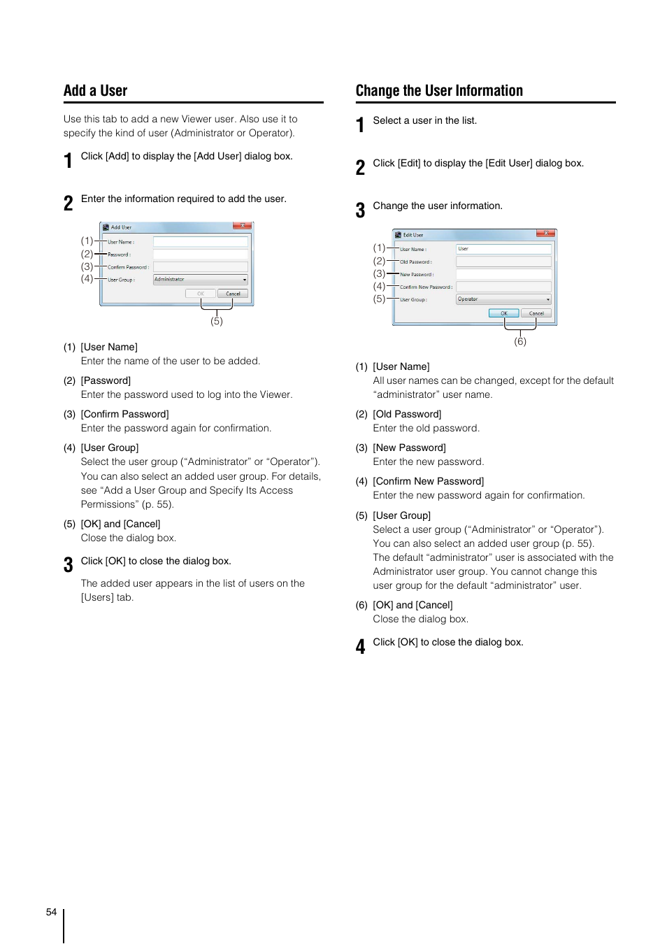Add a user, Change the user information, P. 54) | Canon VB-M700F User Manual | Page 54 / 138