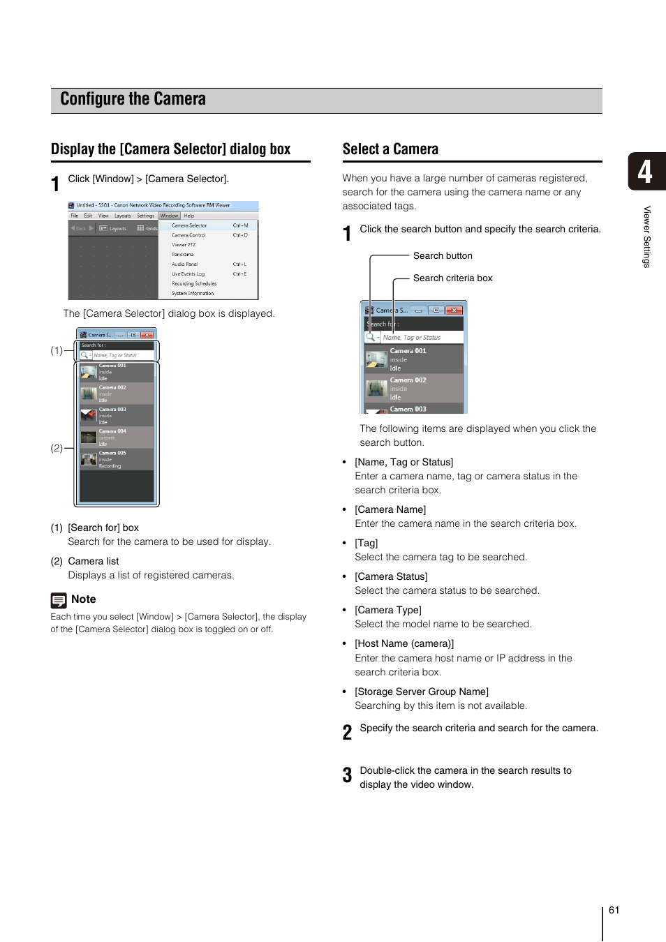 Configure the camera, Display the [camera selector] dialog box, Select a camera | Or (p. 61), P. 61), A (p. 61) | Canon VB-M700F User Manual | Page 61 / 138