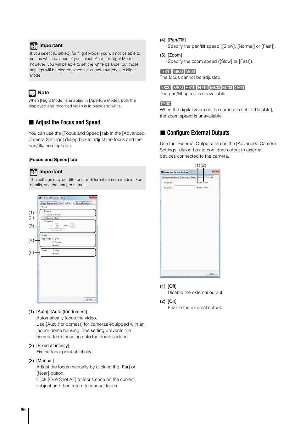 Adjust the focus and speed, Configure external outputs | Canon VB-M700F User Manual | Page 66 / 138