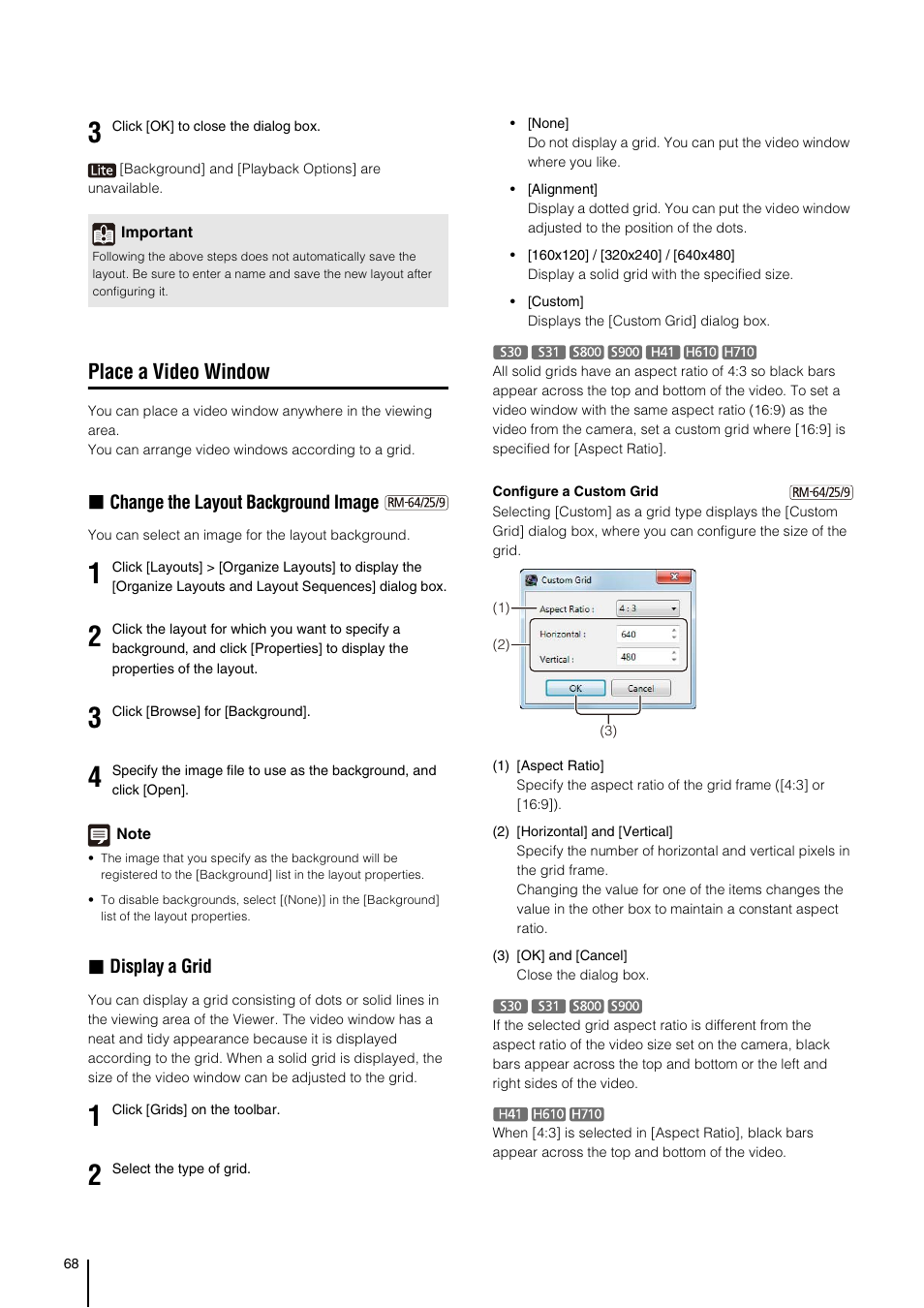 Place a video window, P. 68), P. 68) t | Change the layout background image, Display a grid | Canon VB-M700F User Manual | Page 68 / 138