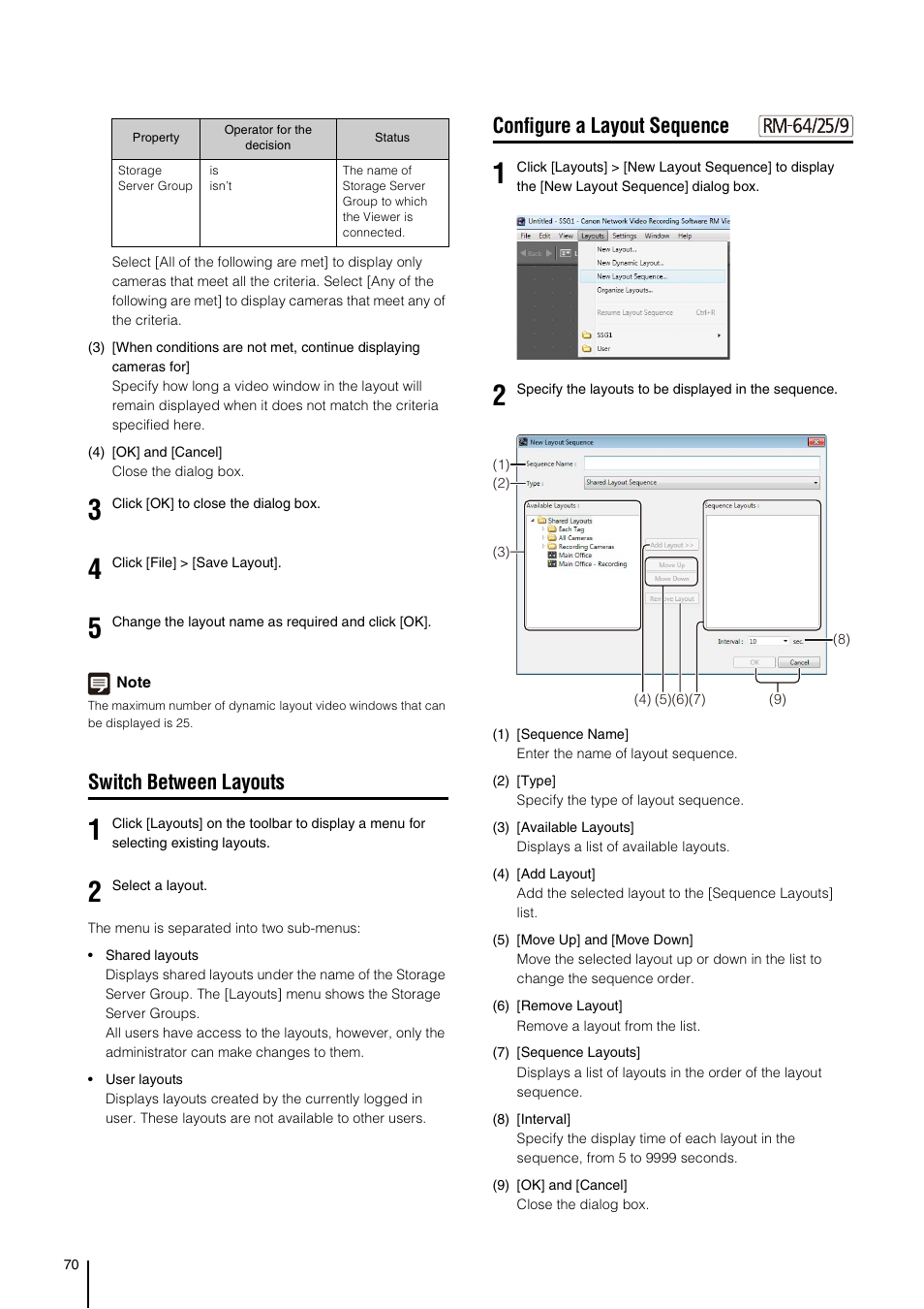 Switch between layouts, Configure a layout sequence, Nce (p. 70) | Canon VB-M700F User Manual | Page 70 / 138